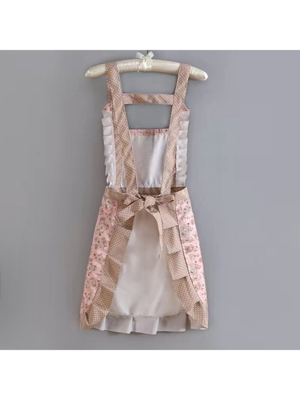 Apron Retro Bib Style Adjustable Waist Tie Floral Polka Dot Womens Pink Tan OS - Picture 3 of 16